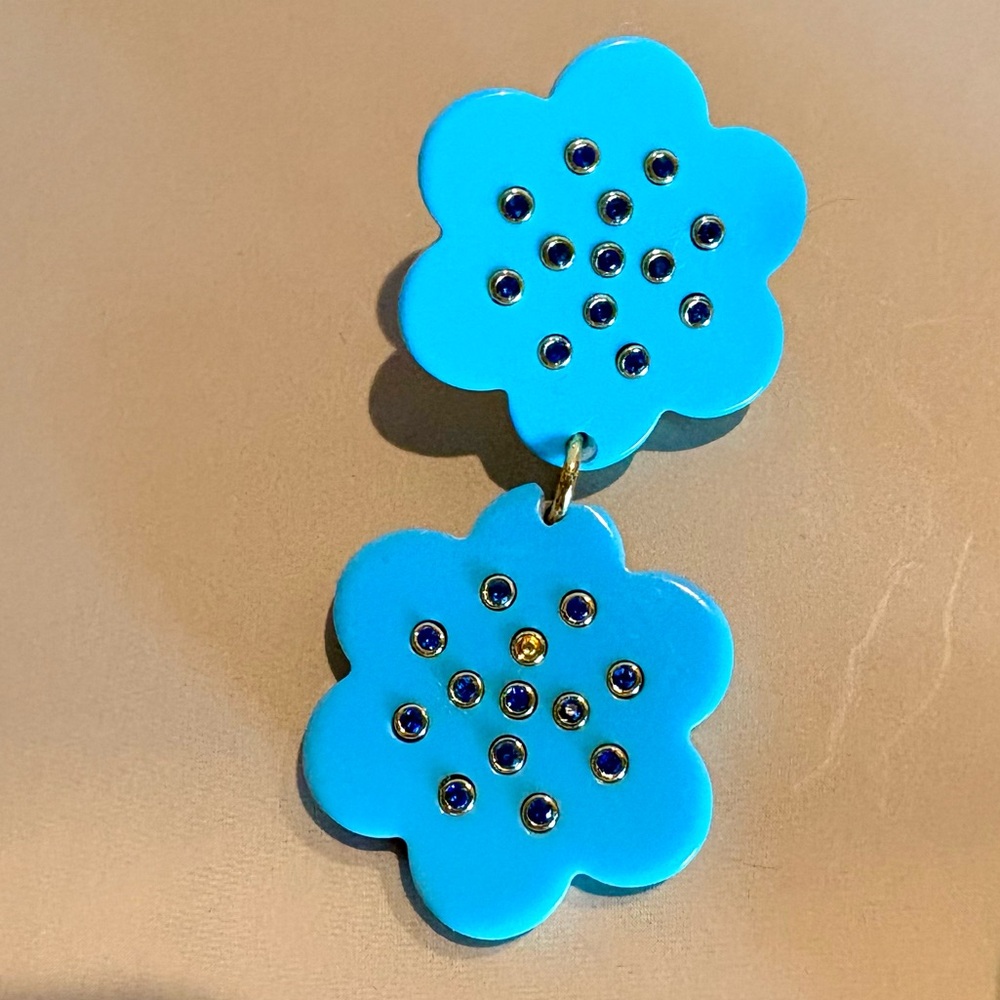 ASHA Flower Earrings in Turquoise and Dipped 14K Gold, EUC. - Picture 5 of 9